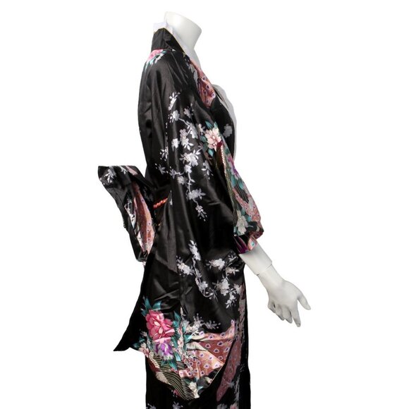 Satin Kimono Floral Japanese Style Dress Flower Peacock Belt Black Pink Blue NEW - Picture 14 of 14